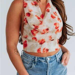 Elegant Floral Cowl Neck Crop Top - Red and Cream